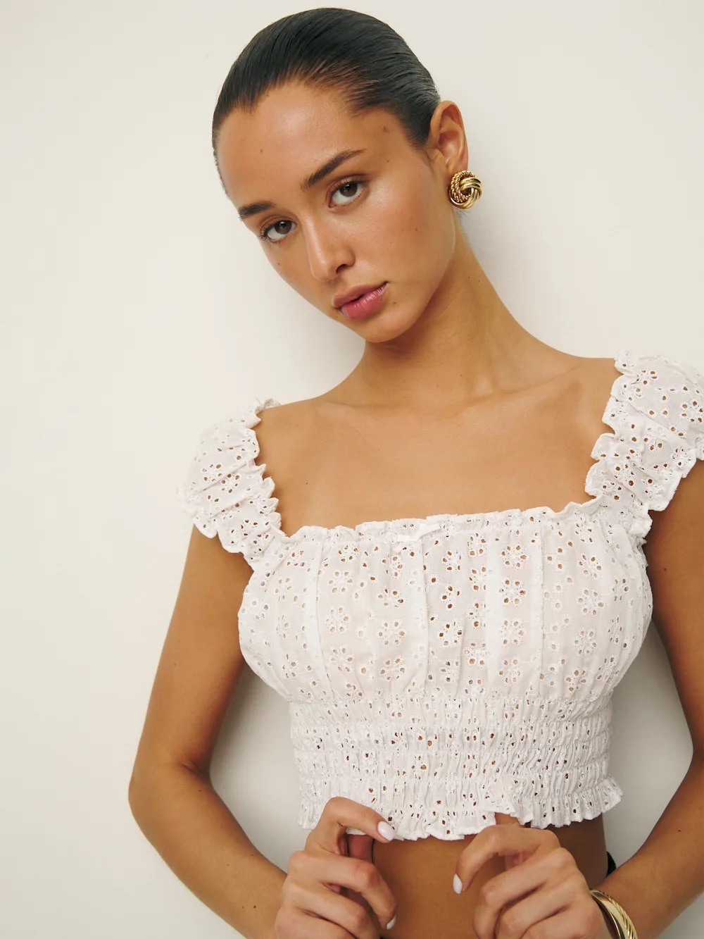 Reformation Emberly White Eyelet Smocked Milkmaid Style Crop Top Size Small